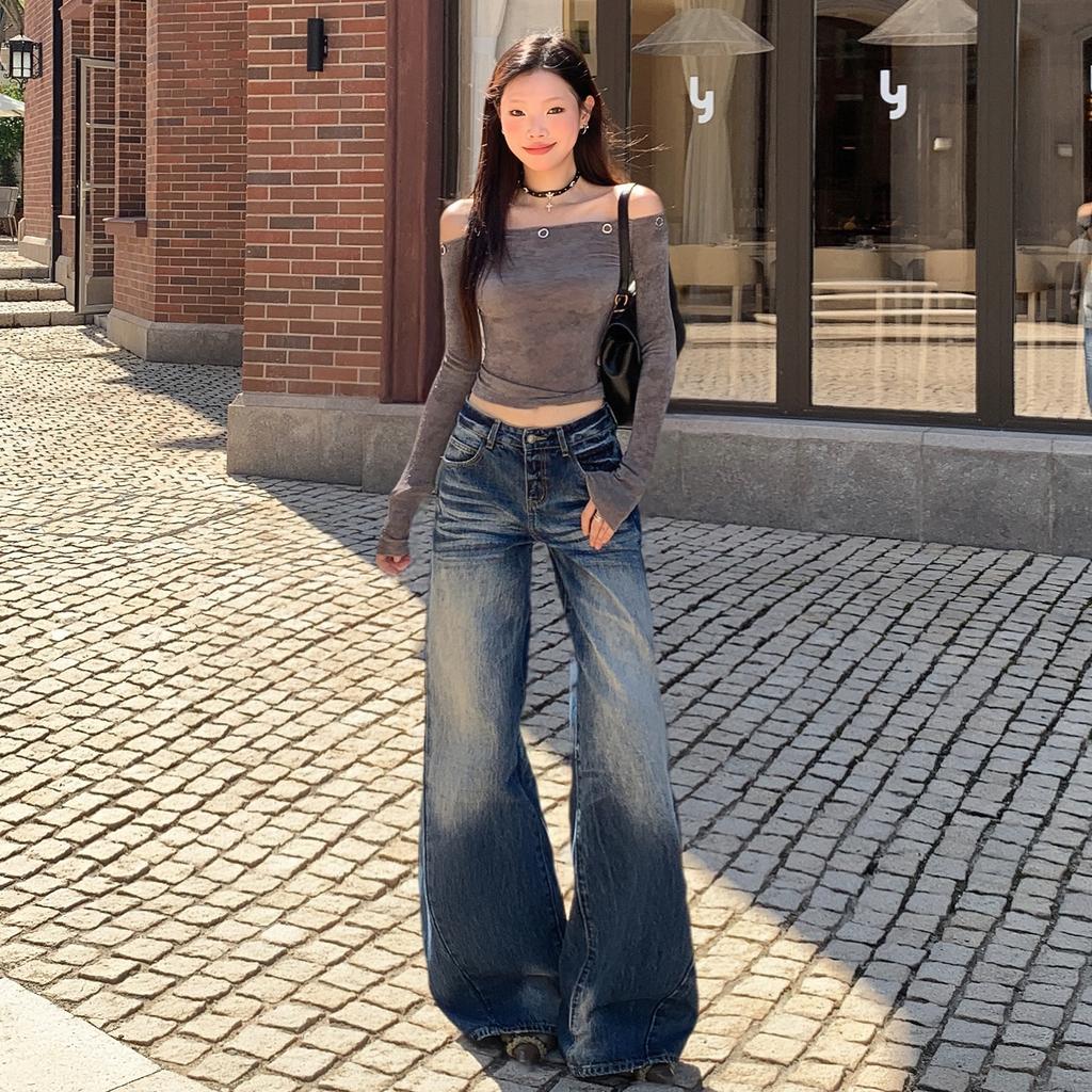 Autumn Retro American Washed Crumpled Jeans Women's New Loose High-waisted Versatile and Thin Wide-leg Pants