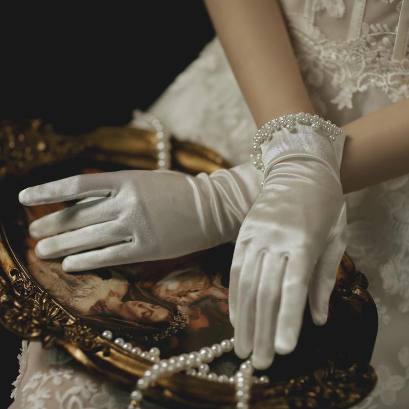 Wedding Gloves for Women Sweet Adorable Cute Vintage Transparent Mesh Bow Pearl Short Lace Gloves Accessories Birthday Gift