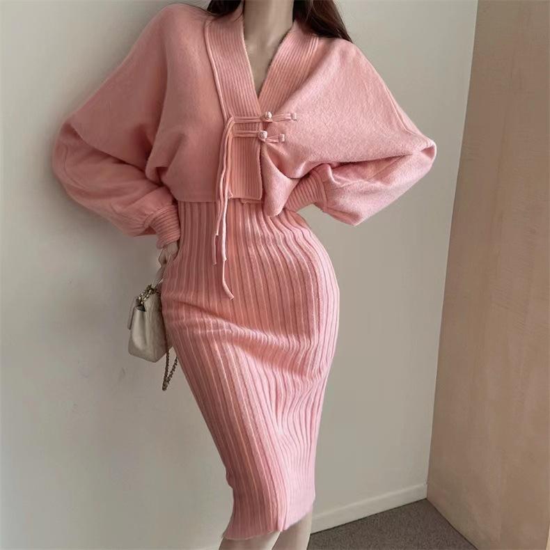 Ensfarvet V-hals Strikket Dress Dame 2025 Høst og Vinter Mild Langermet Cardigan Topp Allsidig Løs Genser Medium og Lang Skjørt