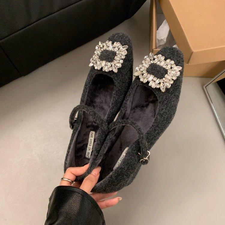 French fluffy shoes thick heel rhinestone single shoes women's 2025 autumn and winter new one-word buckle square head velvet Mary Jane cotton shoes