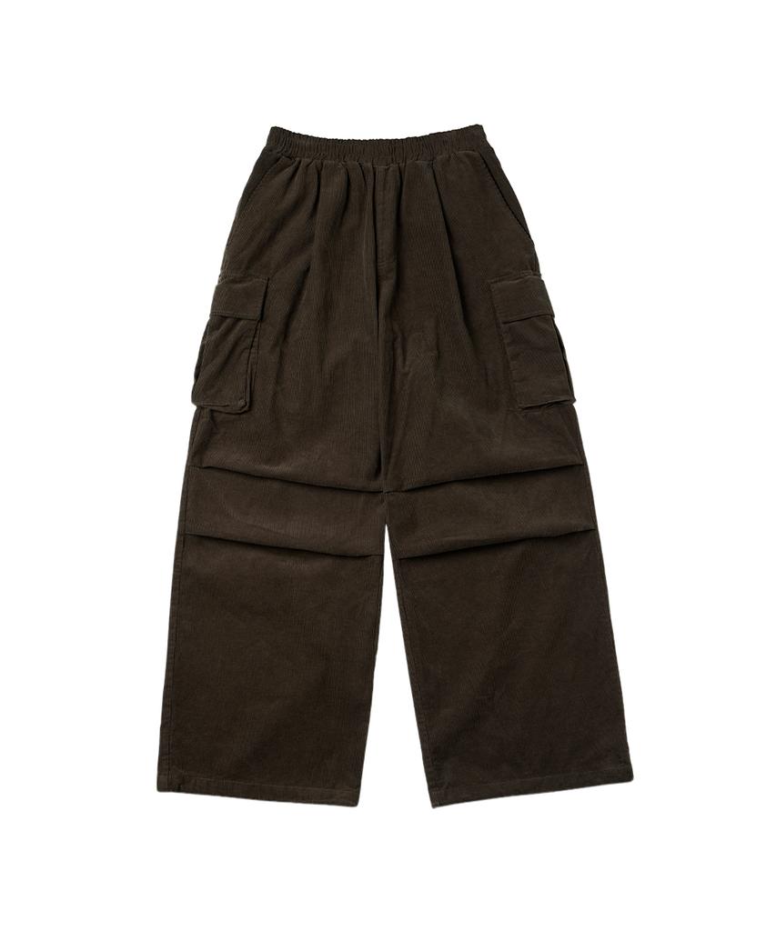 URBANAGE Corduroy Single-Pleat Wide Elastic Banding Parachute Cargo Pants_Khaki
