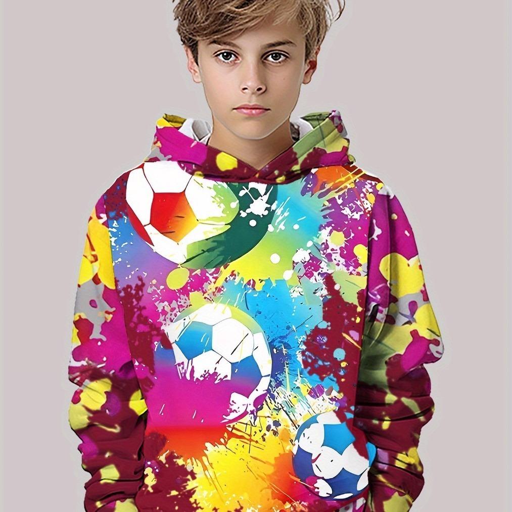 Boys' 3D digital printed splash football pattern hooded sweatshirt with bright color block design