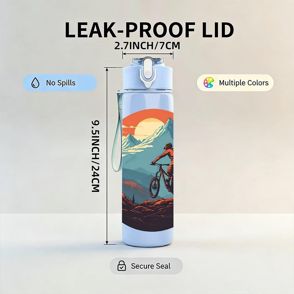 1PC Mountain Biker Sunset Retro Print 750ml Color Plastic Sports Water Bottle Leakproof Flip Straw Lid Suitable for Sports Office Home Use