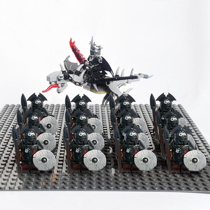 14pcs MOC Medieval Dwarf Warrior Elves Knights LotR Uruk-hai Orc Rohan Soldier with Witch King Leader Figure Building Block Toys