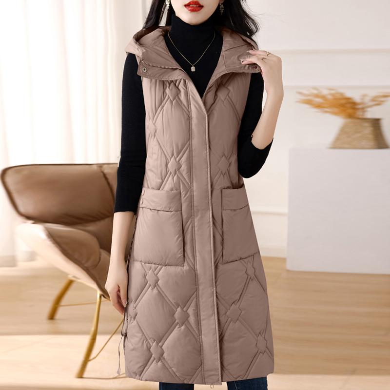

Осенний женский жилет, новое модное зимнее пальто с капюшоном, теплая длинная парка без рукавов, женская одежда в корейском стиле 4XL верблюд