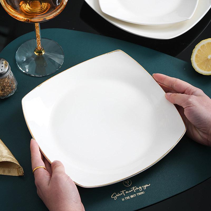 Gold-Rimmed White Ceramic Square Plate for Home: Dinner, Steak, Pasta, Dessert, Flat, or Shallow Use