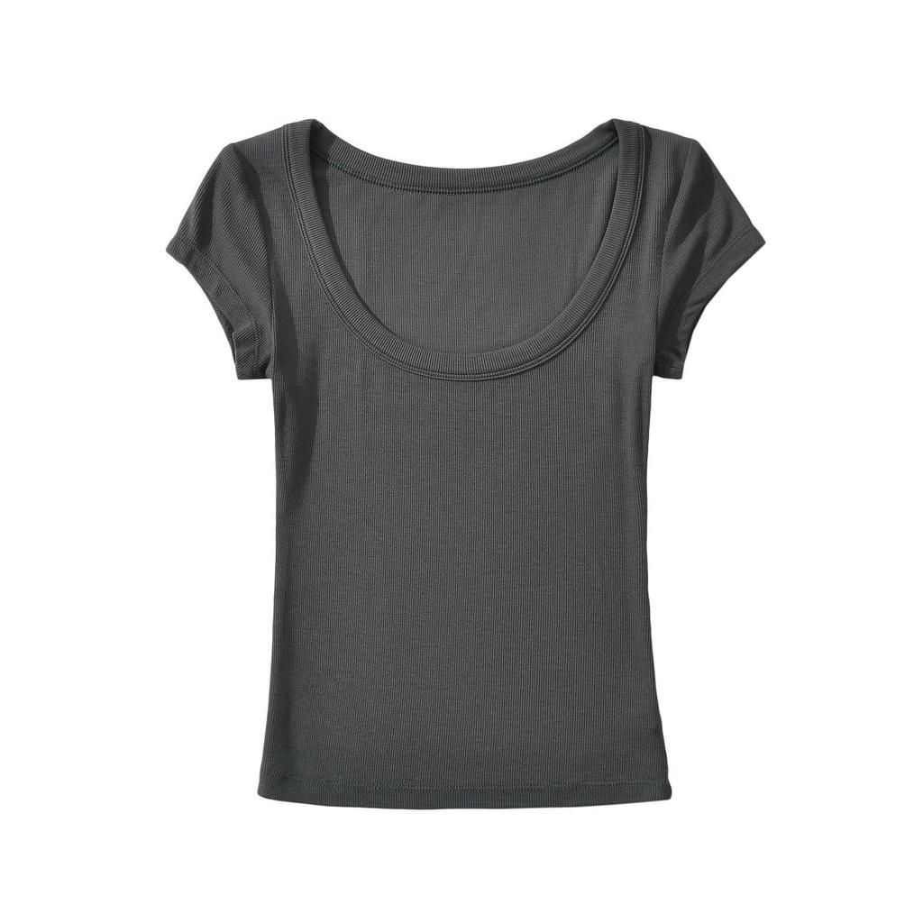 Damski letni dopasowany elastyczny top z krótkim rękawem, okrągłym dekoltem i wycięciem 2024
