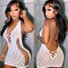 Ladies High Elastic Bodycon Dress Night Club Wear Women Sexy Mesh Transparent Short Dress Erotic See Through Hollow Beachwear