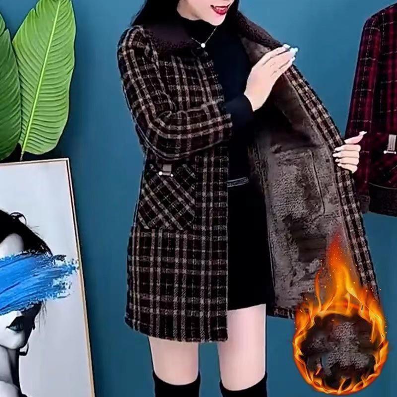 Elegant Thickened Fleece Lined Medium-length Autumn Winter Jacket for Women Fashionable Slimming High-end Mother's Attire