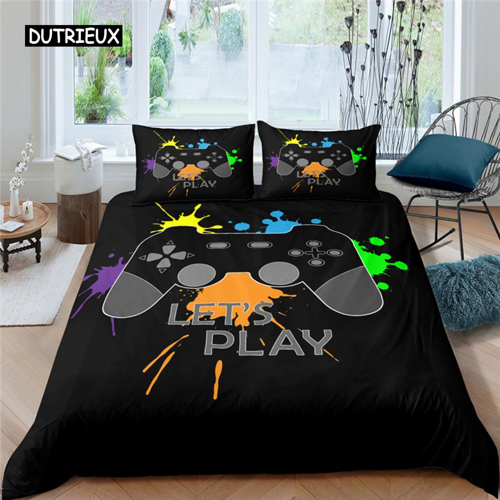 Set de lenjerie de pat cu gamepad, mărime queen, husă de plapumă neagră creativă, set husă de plapumă din poliester, lenjerie de pat 2/3 piese