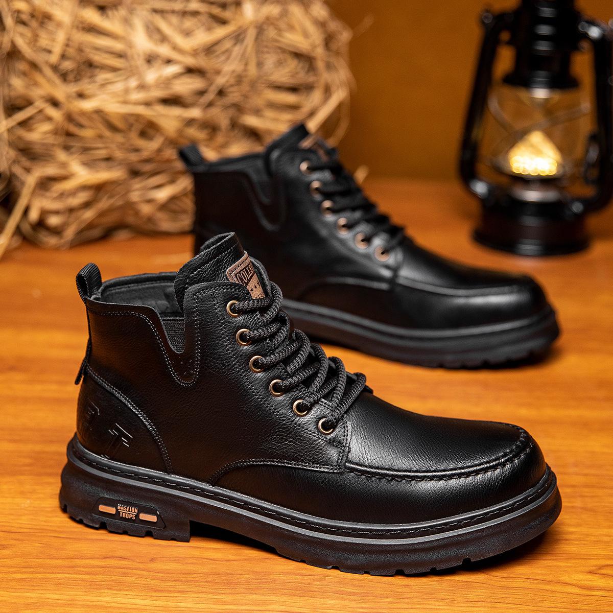 

Martin boots men s winter leather British style high-top leather shoes men s thick-soled velvet short boots medium-top tooling men s shoes 38