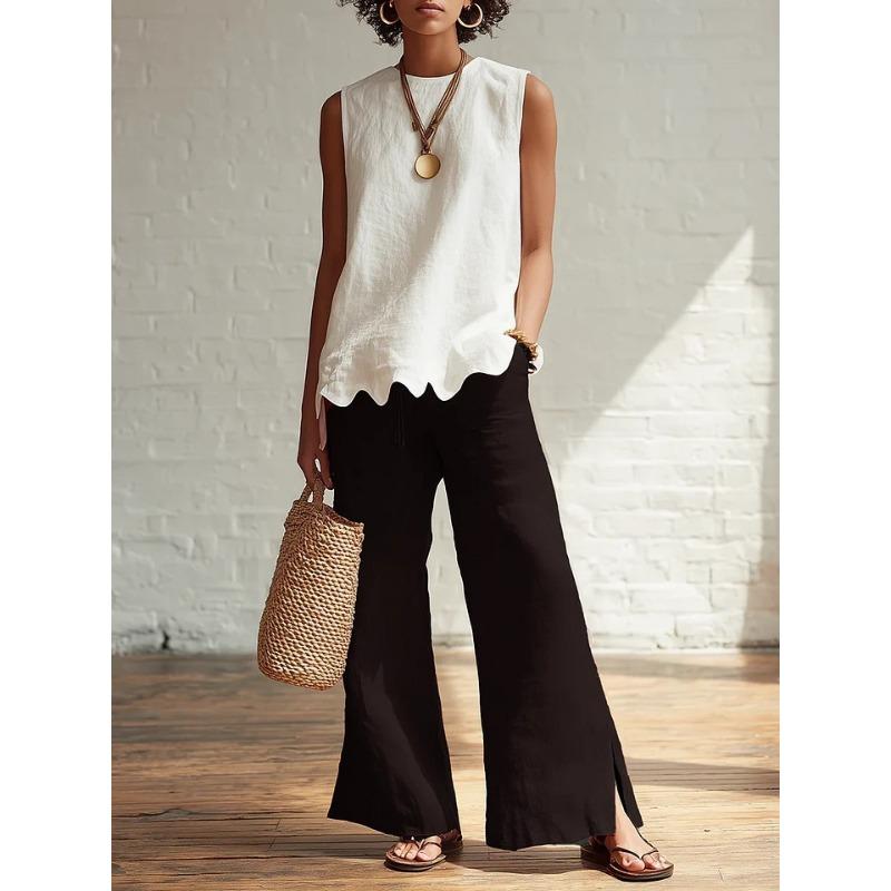 JPNTKY Women s Fashion Casual Solid Color Print Sleeveless O-Neck Blouses & Shirts S белый