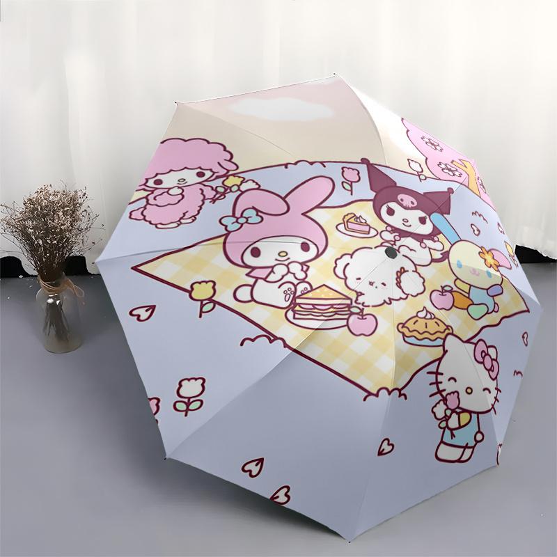 1pc Hello Kitty & Friends Picnic with Cherry Blossom Print - Automatic Opening Umbrella, Portable Folding Design, 8-Bone Iron Frame Outdoor Umbrella,
