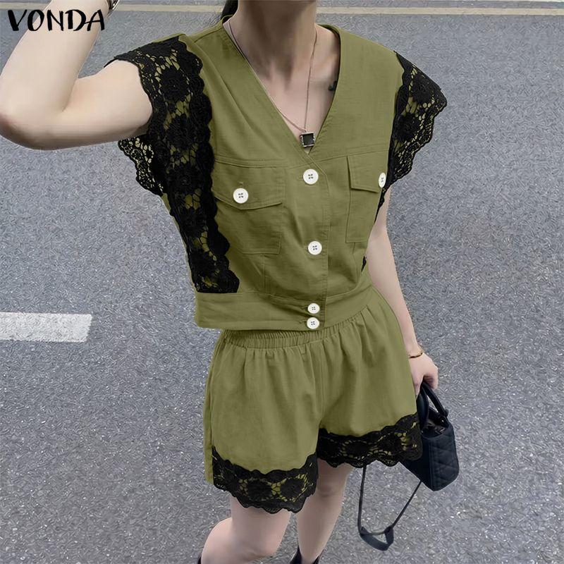 VONDA 2PCS Summer Women Sleeveless Lace Splicing Tank Tops and Shorts Pants Casual Sets