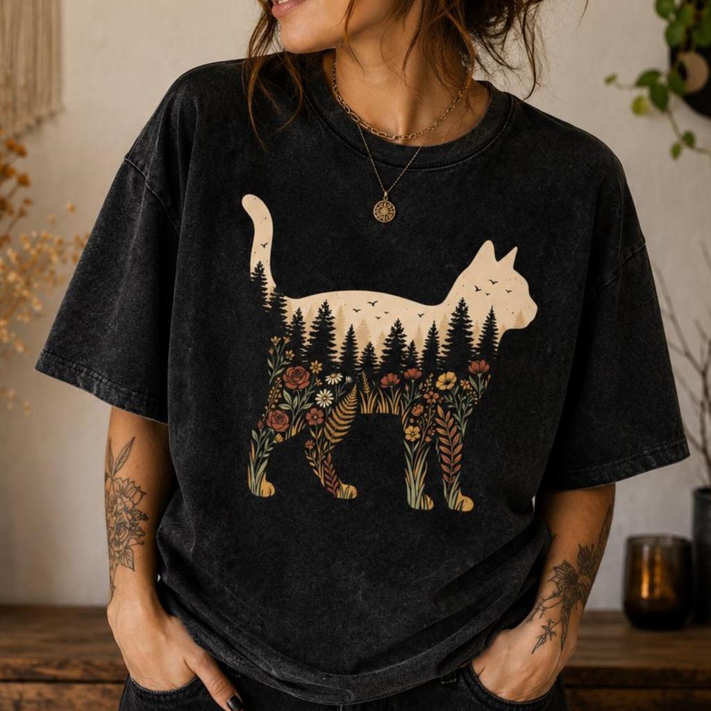 Vintage Washed Cotton Cat T-Shirt and kids tshirt, Forest Silhouette Graphic Tee