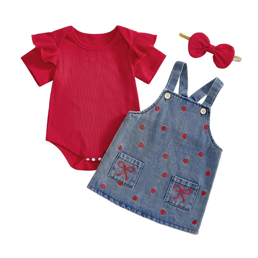 3Pcs Girl Valentine S Outfit Ruffle Short Sleeve Crew Neck Romper Heart Overall Dress and Headband Set