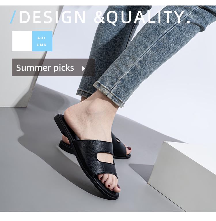 Plus Size Black Leather Flat Women's Sandals - Soft, Comfortable, Single Strap, Fashionable Hollow Outdoor Flip Flops