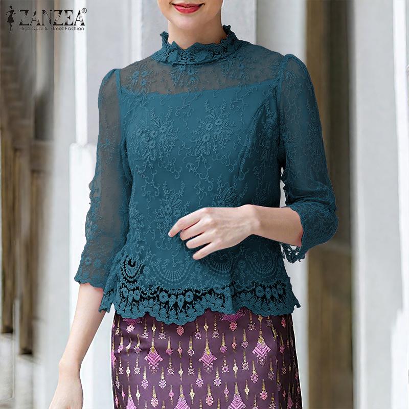 ZANZEA Damen 3/4-Ärmel Casual Durchsichtige Spitze Patchwork Bluse
