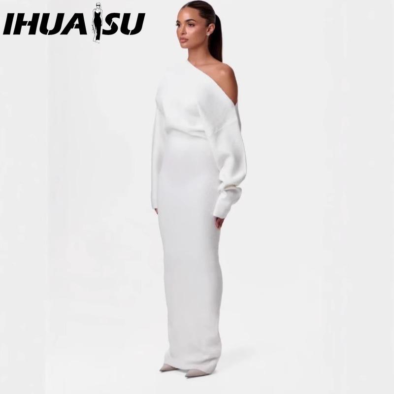 IHUASU Abiti casual da donna moda autunno inverno tinta unita stampa manica lunga