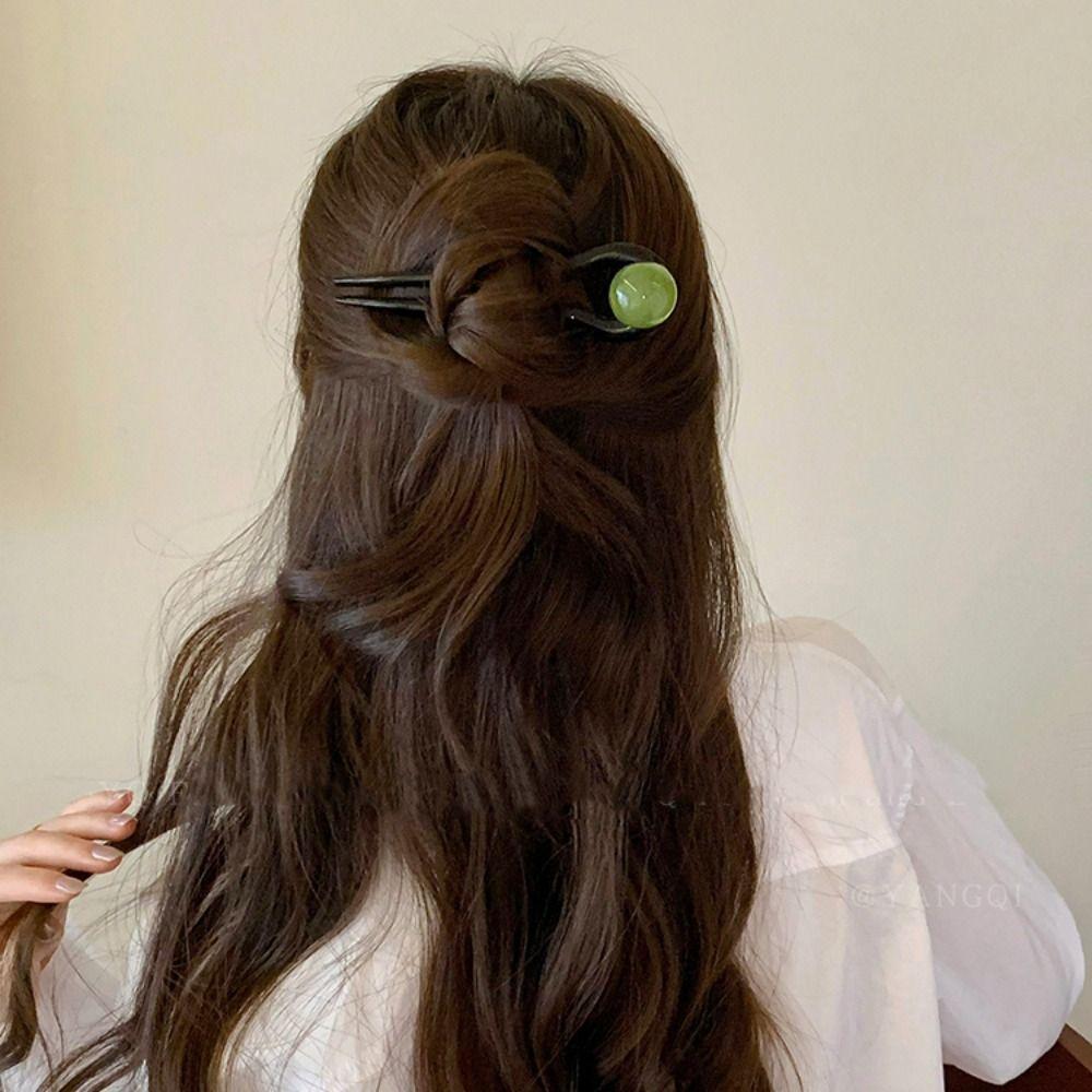 Retro U-shaped Hairpin Acrylic Pan Hair Fork French Bead Hair Stick Daily