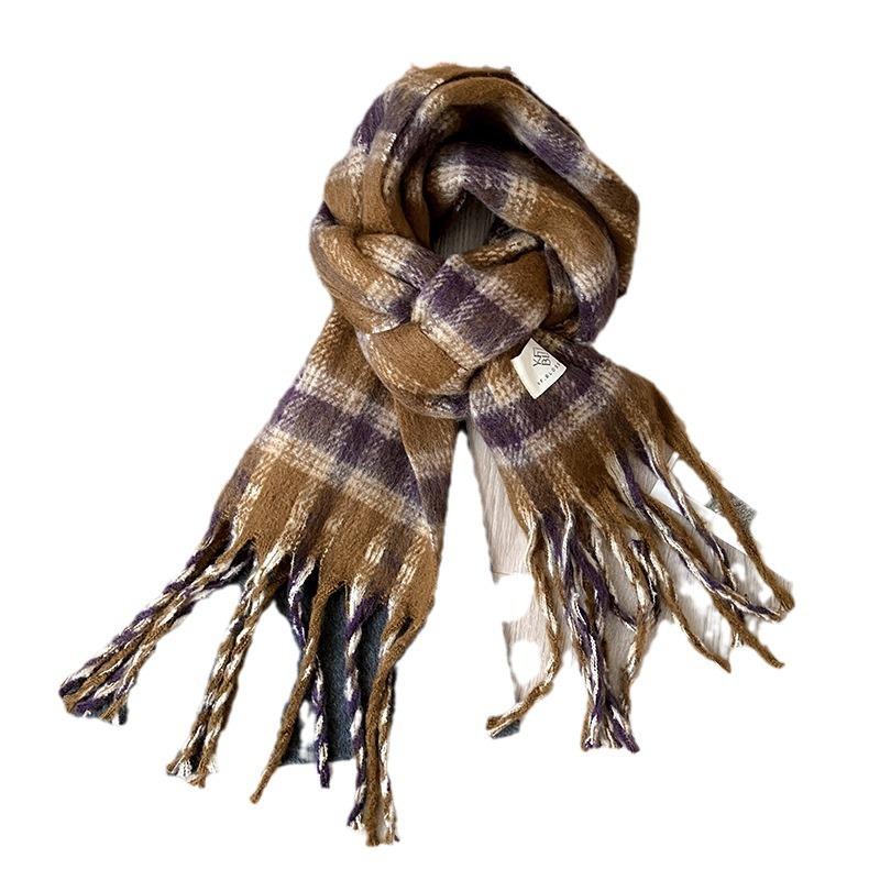 High End Plaid Scarf for Women In Winter New Style Mohair Plaid Shawl Versatile Thickened Warm Scarf Korean