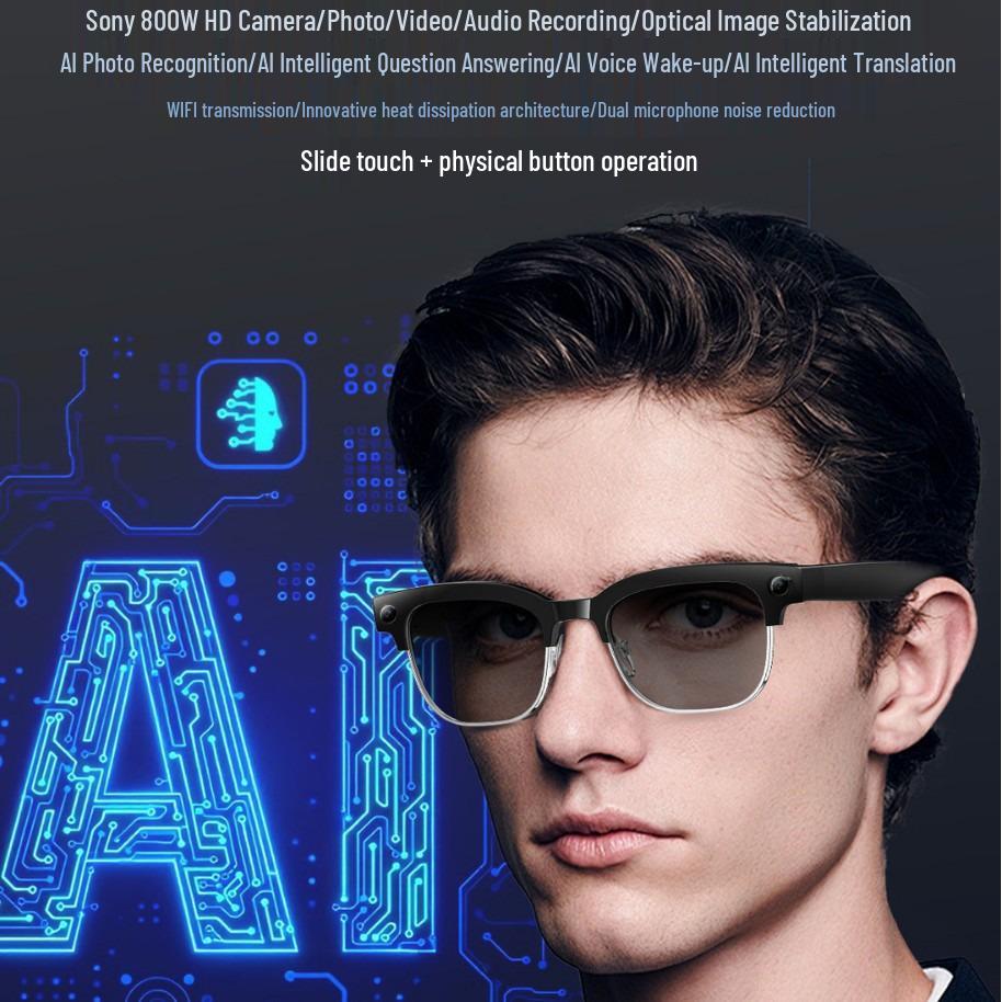 AI Smart Half-Frame Glasses: Blue Light Filter, Camera, Translation, Photo & Video, Music