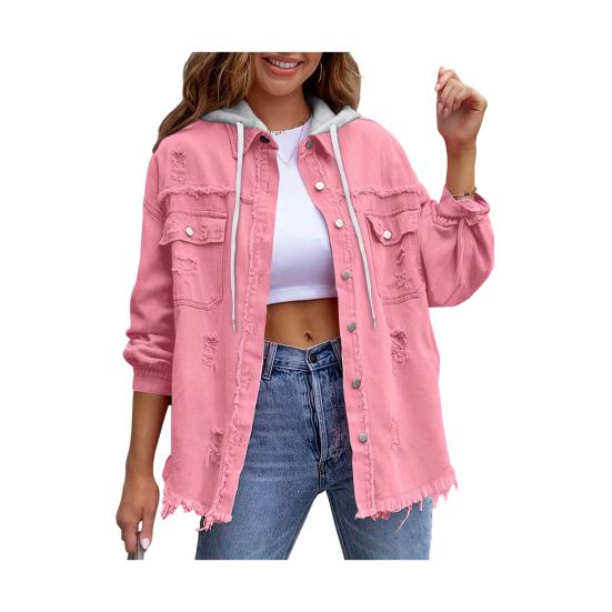 

Жіноча джинсова куртка з капюшоном Оверсайз Потерта Рвана Джинсова Пальто На Кнопках Довгий Рукав Осінь Весна Верхній Одяг S