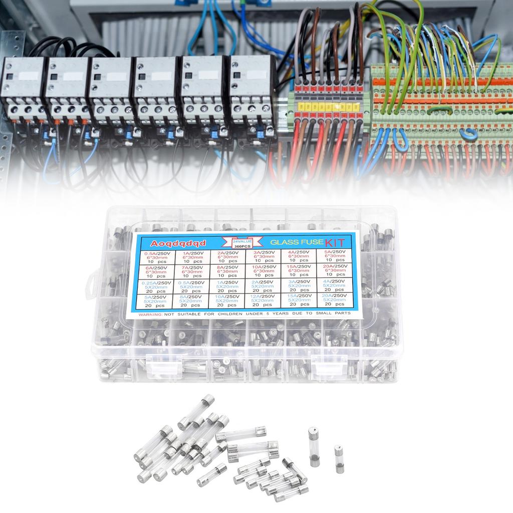 360Pcsbox Glass Fuse Tube 0.25A‑20A 24 Types 6X30Mm 5X20Mm Assortment Set Kit For Circuit Protection
