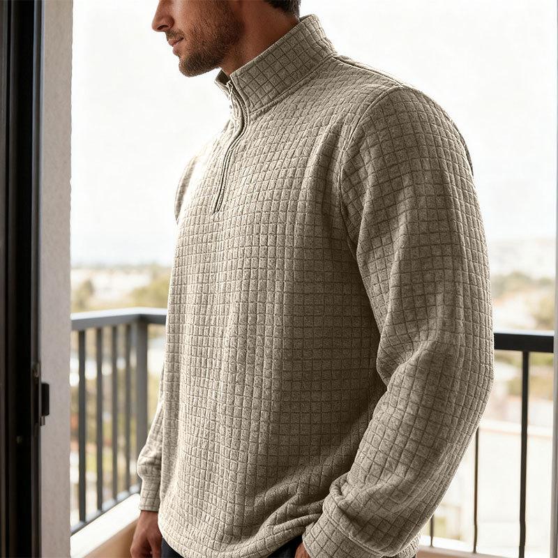 Solid-colour Half-zip Turtleneck Jumper with Small Check Jacquard Pattern