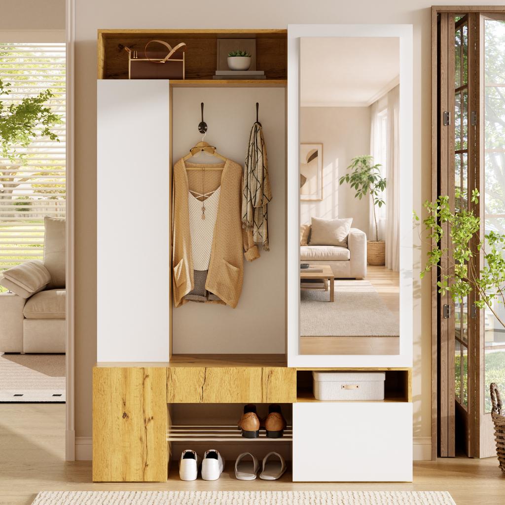 Hallway Wardrobe Cabinet MDF with Mirror, Shoe Cabinet, Hall Cabinet, Entrance Wardrobe, Closet with Clothes Rail, Hooks, Hallway Furniture