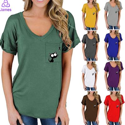 Women Summer Pocket Cat Fish Short Sleeve V Neck T Shirt Casual Tee Tops S 5xl Buy At A Low Prices On Joom E Commerce Platform