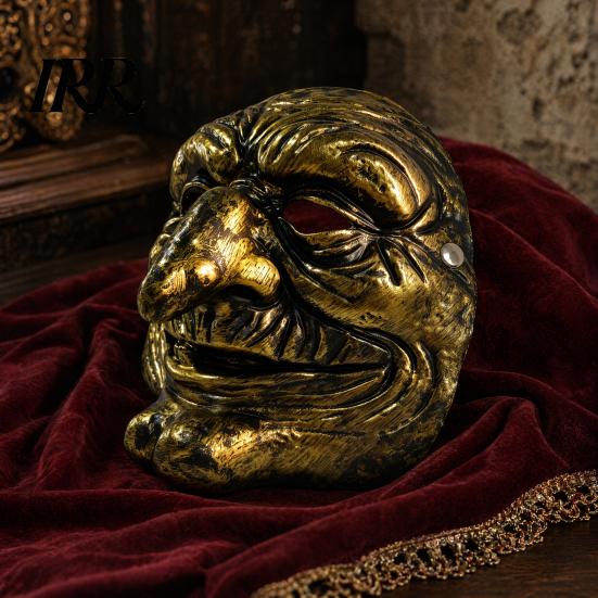 Breathable Horror Mask Halloween Vintage Clown Face Mask, Gold Silver Creepy Prop Wrinkled for Party, Scary Masquerade Costume Haunted House