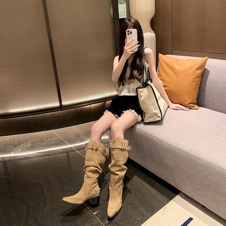 Boots women's summer 2025 new big tube circumference high boots pointed thick heel pile boots western cowboy knight boots