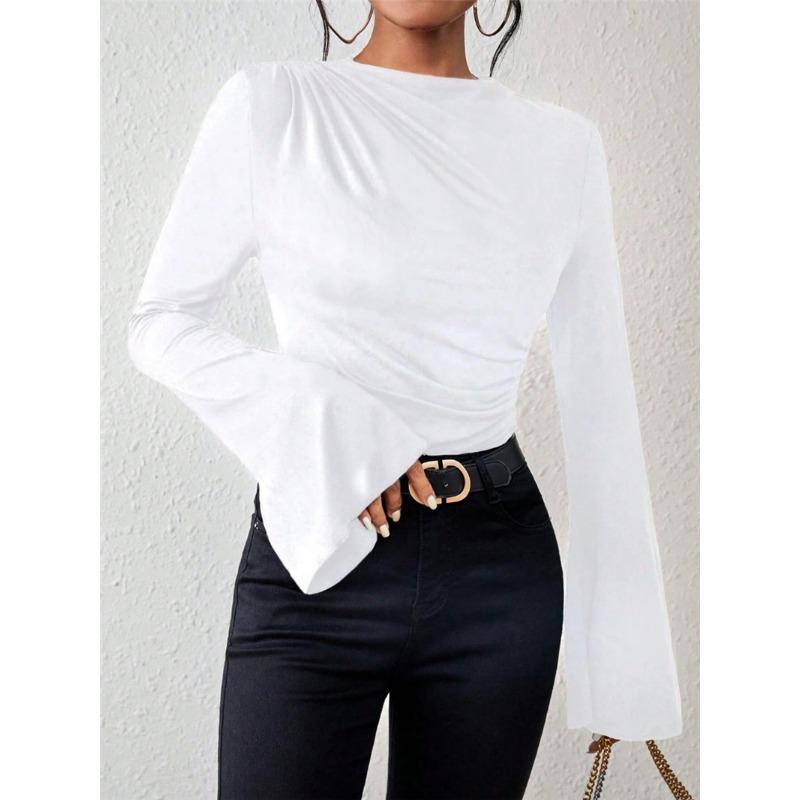 Herbst Neues Vielseitiges Raffdesign Glockenärmel Stehkragen Schlanke Passform Damen-T-Shirt
