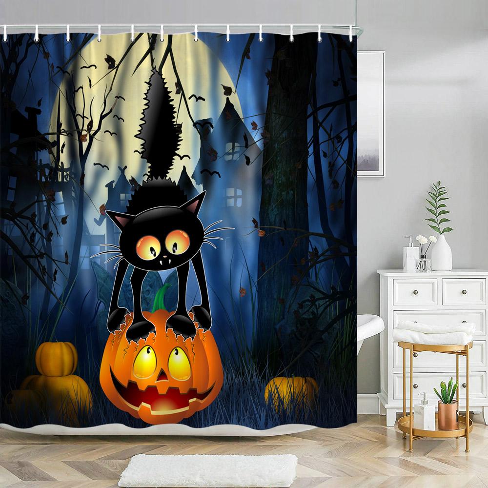 Scary Halloween Shower Curtains Black Cat Pumpkin Shower Curtain Witch Purple Bat Spider Web Cloth Shower Curtain Bathroom Decor