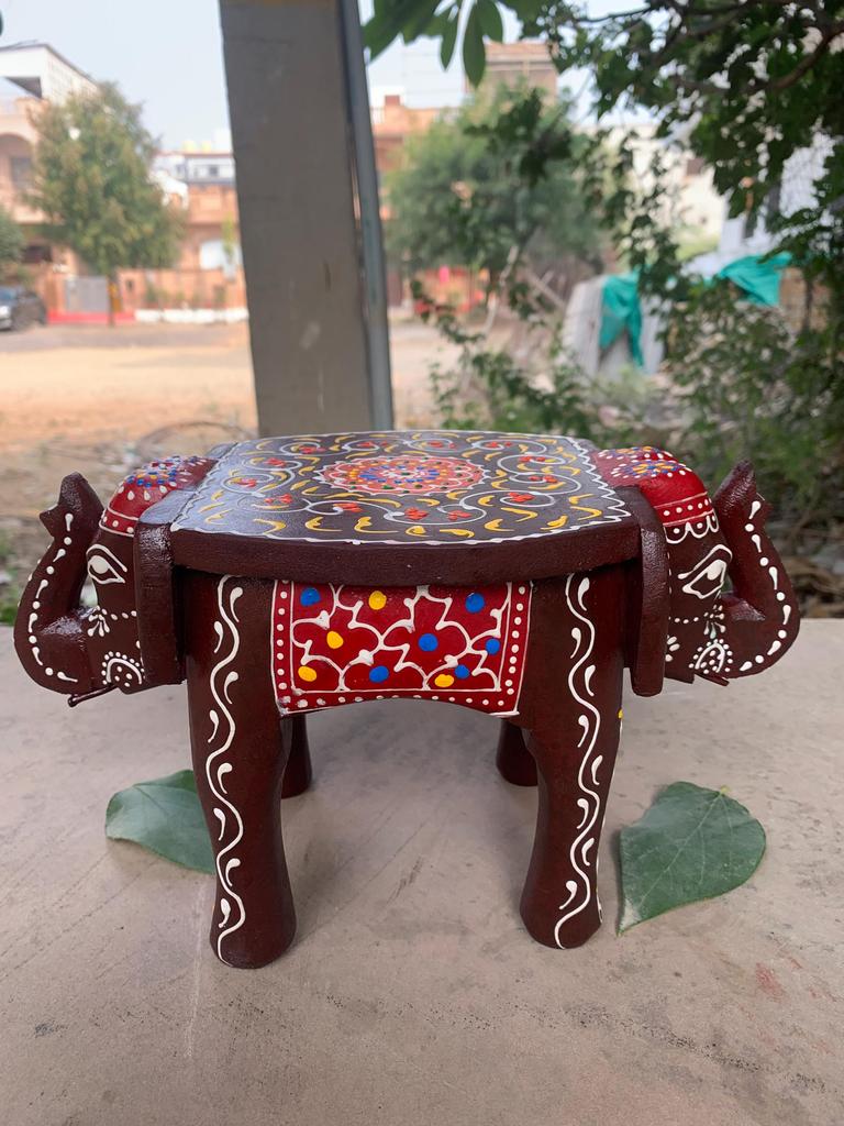 Two-Headed Wooden Elephant Stool Colorful Painted Mini Table