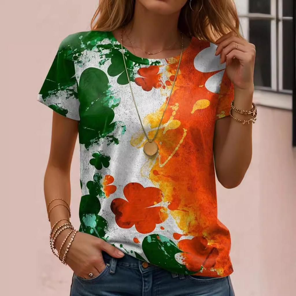 Women's St. Patrick's Day Clover Print Short Sleeve T-shirts Summer Round Neck 3D Print Top Fashionable Casual T-shirts