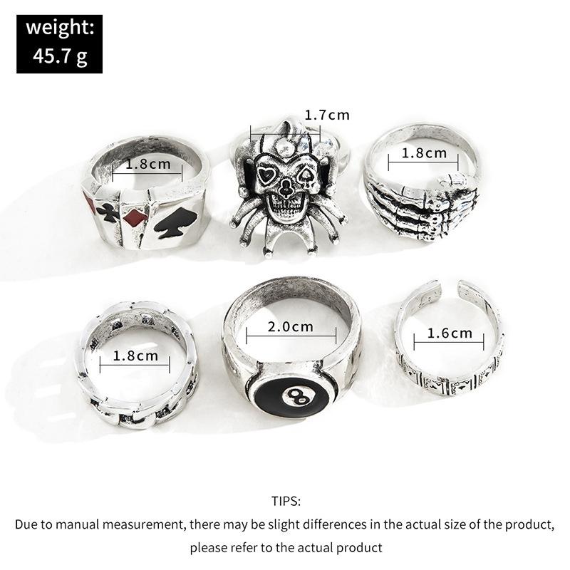 Metal Finger Rings Men'S 6 Piece Set Skull Ghost Claw Poker Clown Number 8 Round 6 Piece Set