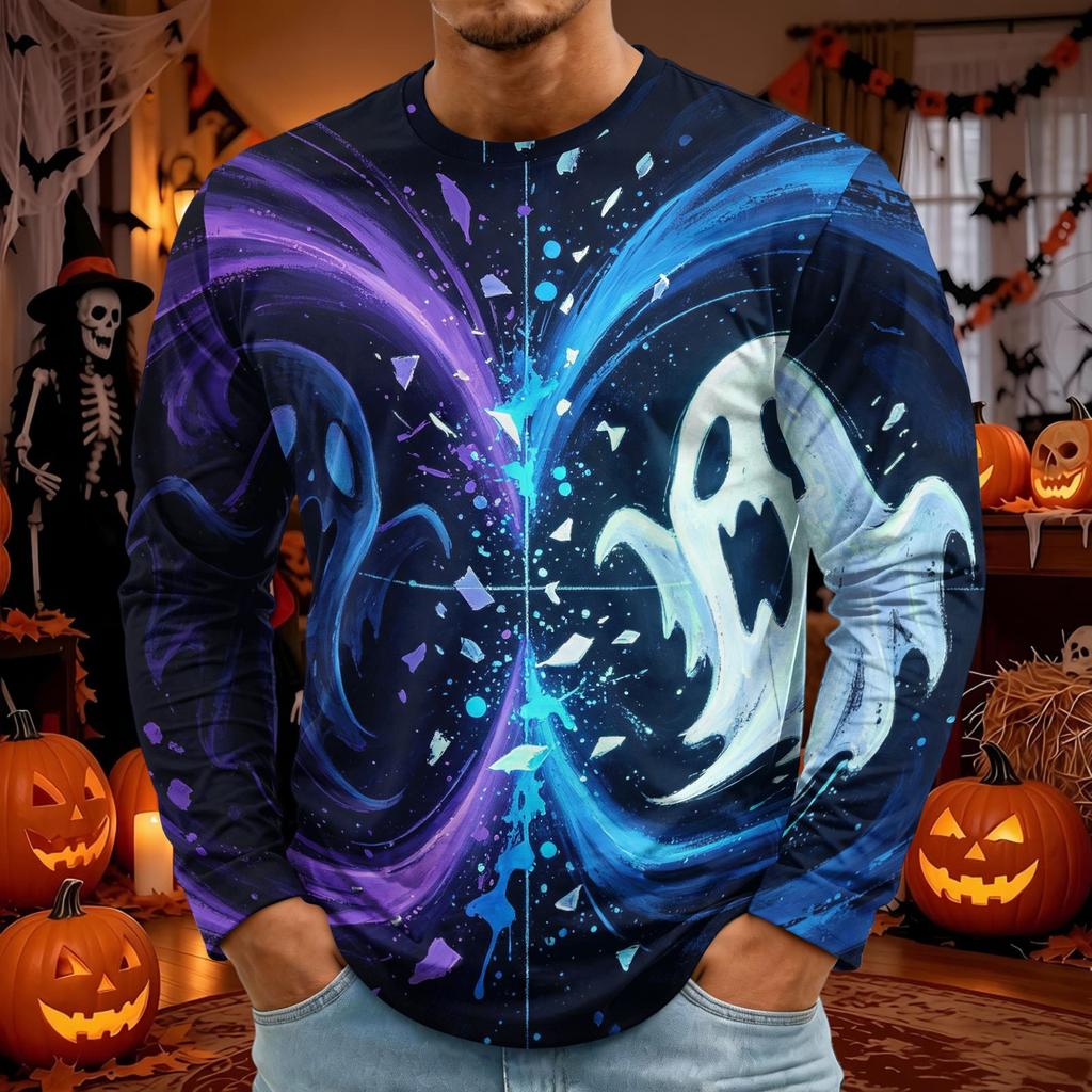Men's Halloween Print Long Sleeve Neck T-Shirt for Holiday Party