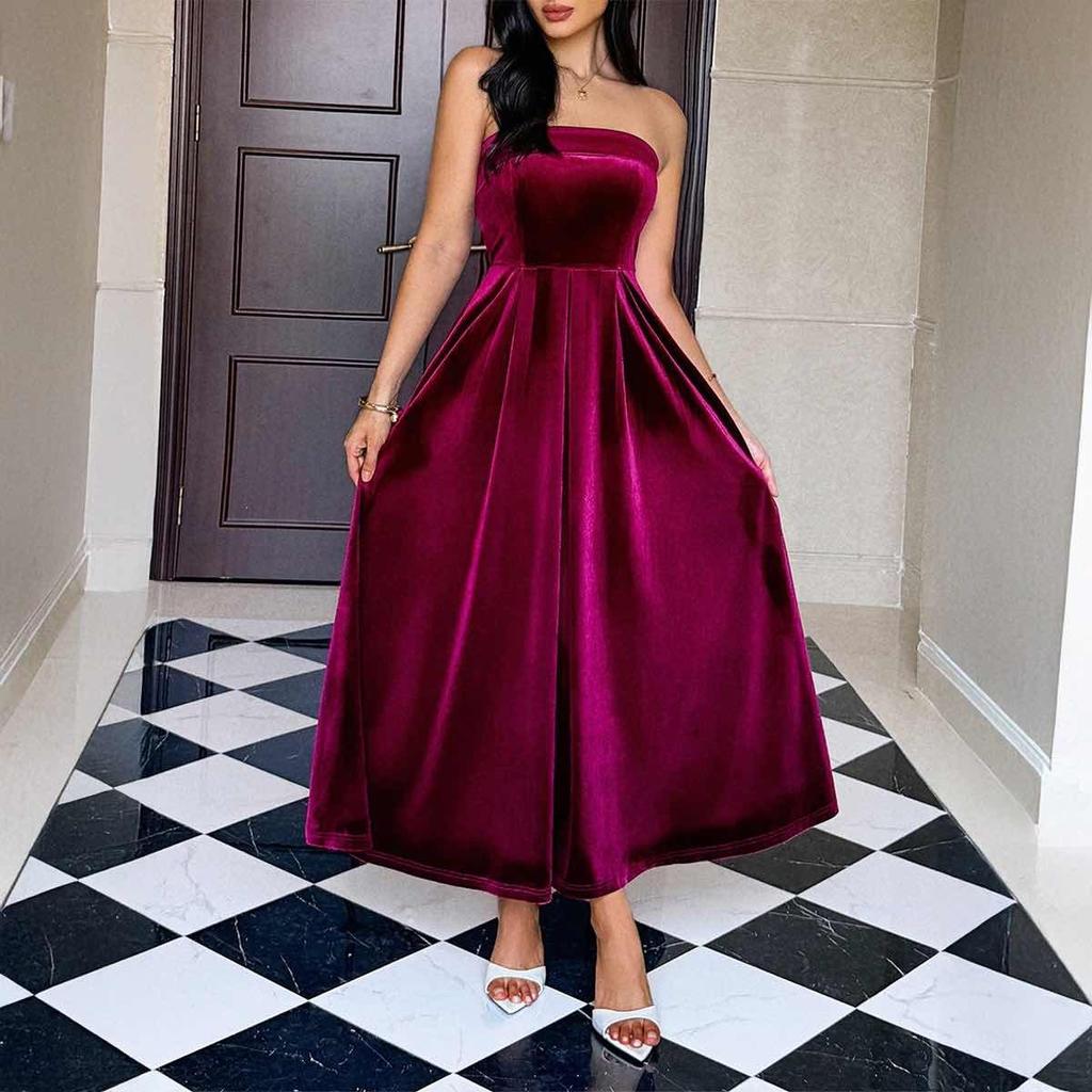 Sexy Strapless Hollow Party Dresses Women Solid Soft Velvet Long Dress Winter Backless Zips A-Line Banquet Dress Vestidos