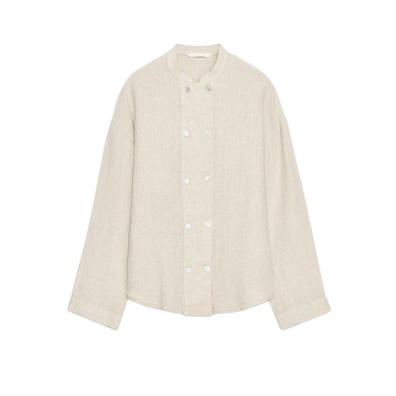 

Za Double Breasted round Neck Linen Blend Long sleeve Shirts Outerwear 4043011 Mid Waist Casual Trousers 4043247 Light beige Tops L