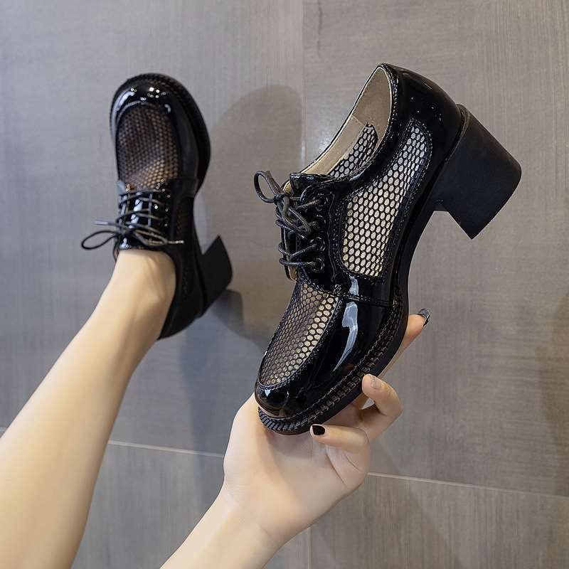 

Летние дышащие сетчатые туфли на высоком каблуке в британском стиле, универсальная повседневная обувь на тонком толстом каблуке и на скользком каблуке 40 хаки