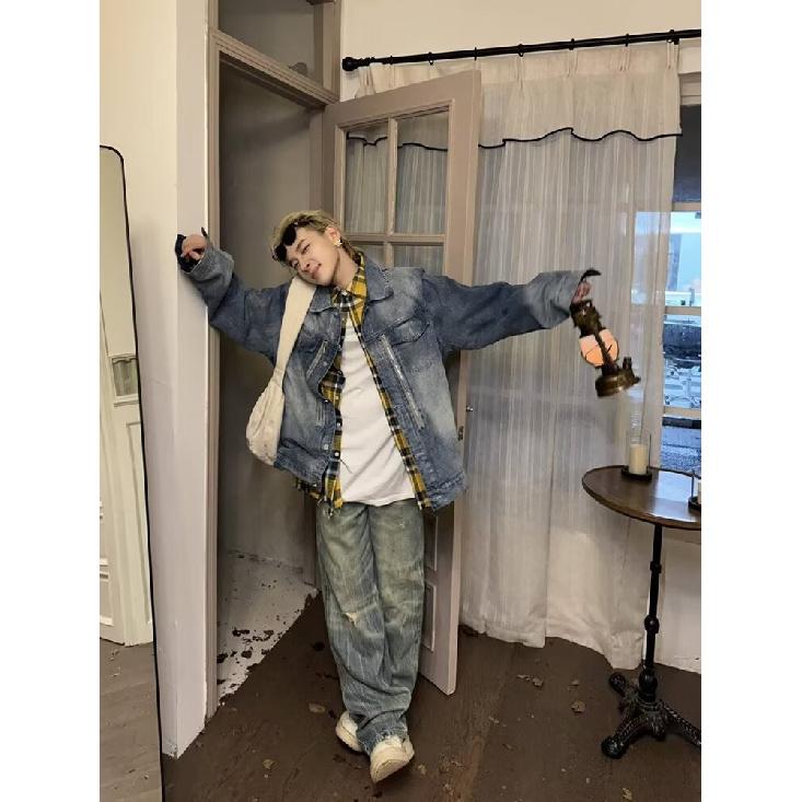 Herbst und Winter Neue amerikanische High Street gewaschene helle Jeans für Männer und Frauen mit geradem Bein, leicht ausgestelltem Bein und weitem Bein