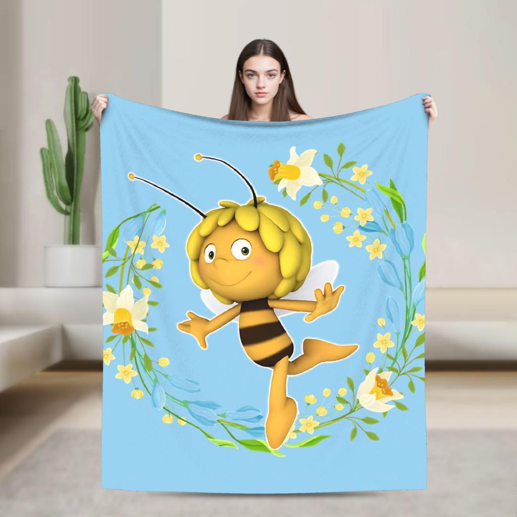 Maya The Bee With Flowers Blanket Cartoon Soft Comfortable Plush Throw Blanket For Couch Bed Camping Flannel Bedspread Bed Cover