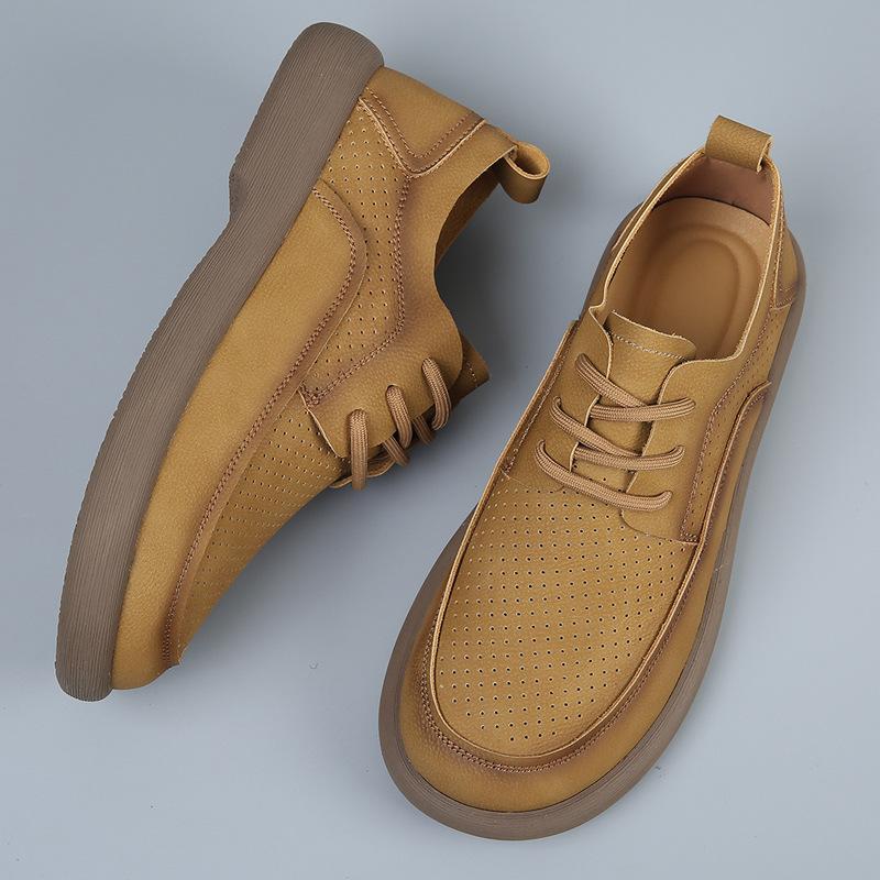 Hollow leather shoes men's 2025 summer new men's shoes leather breathable trend versatile platform retro casual shoes