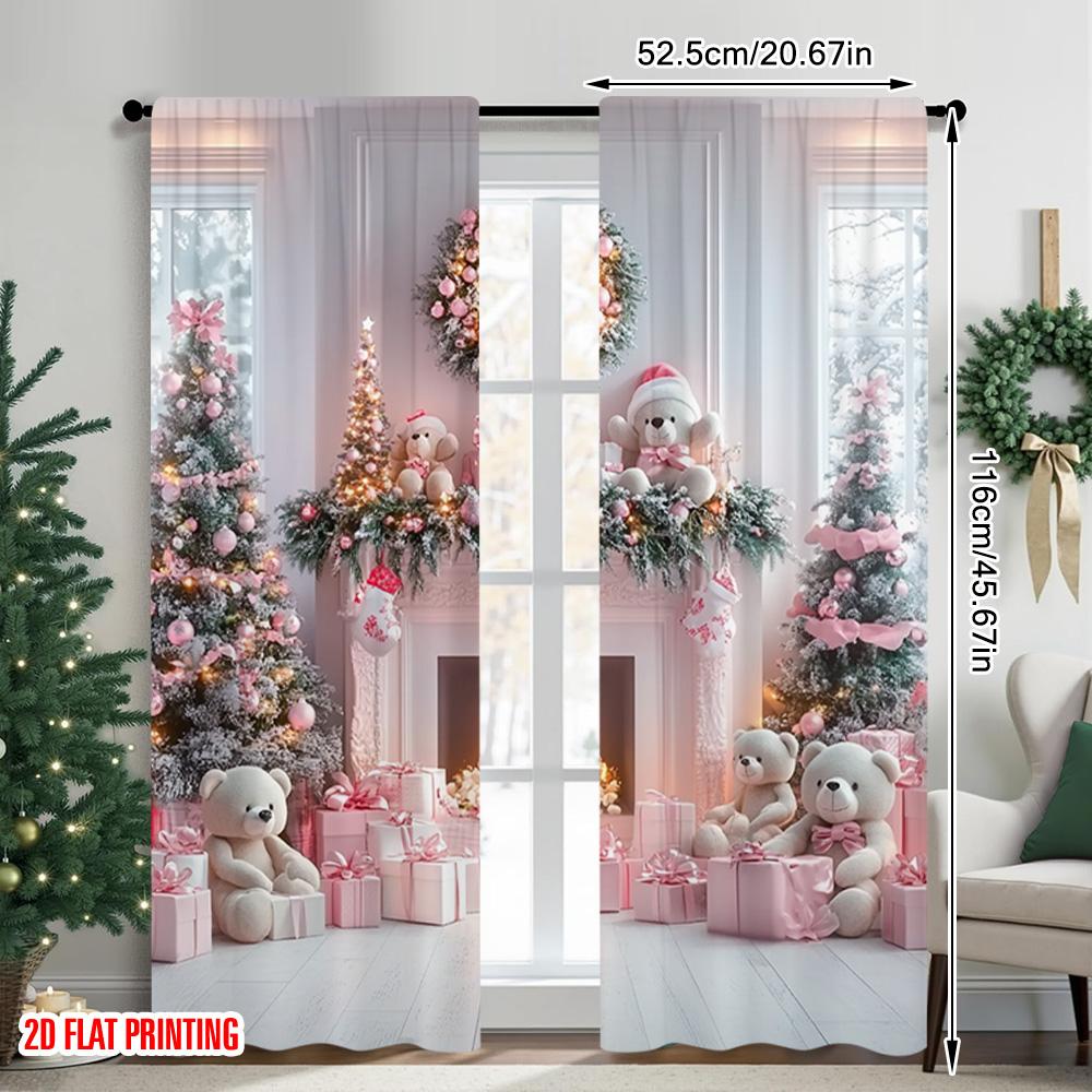 2pcs 2D flat printing Merry Christmas Popular Curtains Pink fireplace Versatile Fabric Without Electricity Party Decorations Use