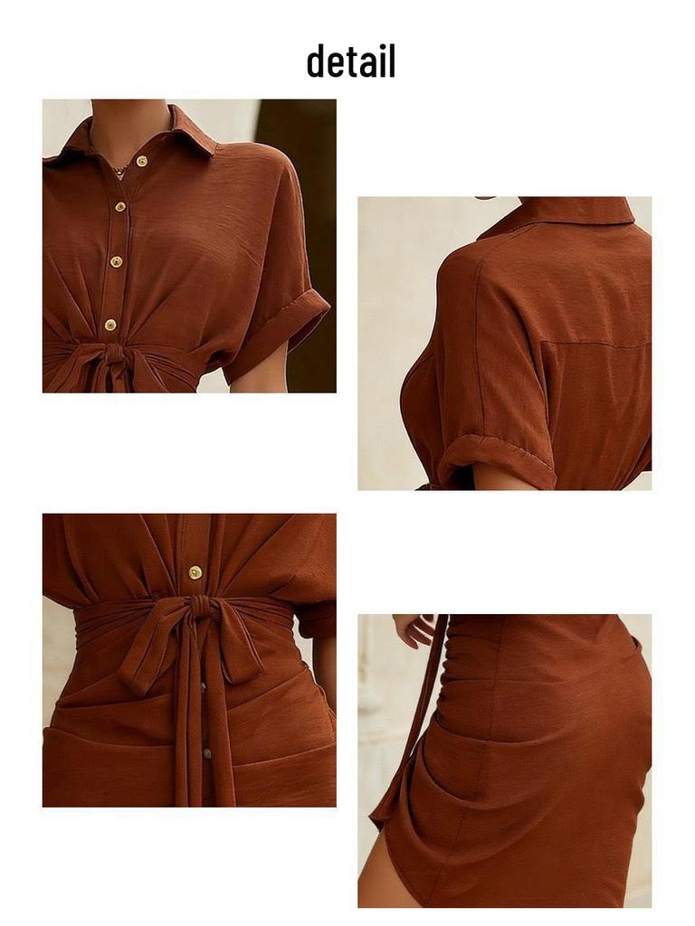 Elegant European & American Style Lace-up Shirt Dress with Adjustable Lapel and Waist-cinching Design - Fashionable Women's Attire for 2026.
