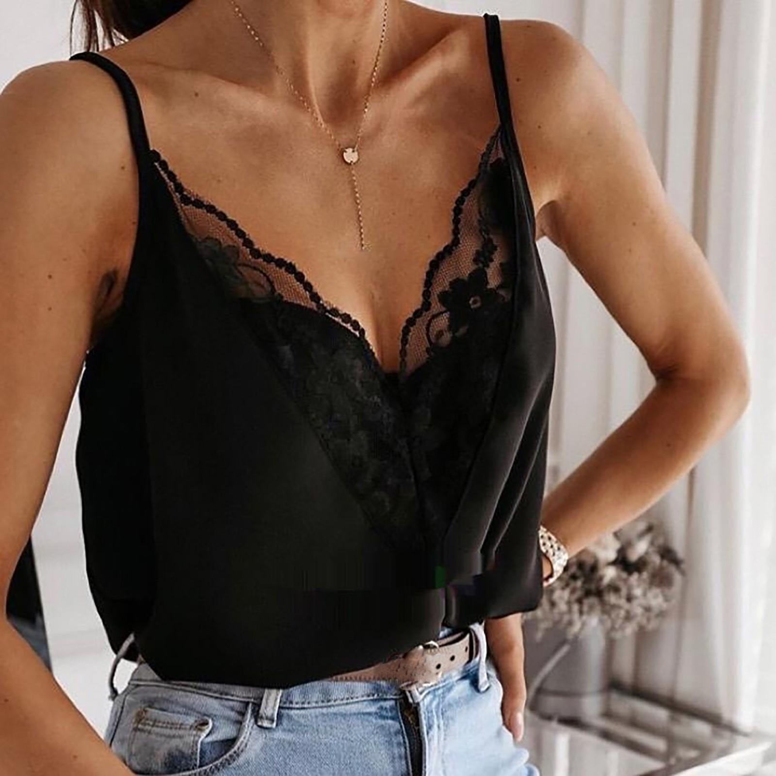 

Летний новый кружевной шов с v-образным вырезом, сексуальный однотонный жилет с низким вырезом, тонкий маленький слинг S чёрный
