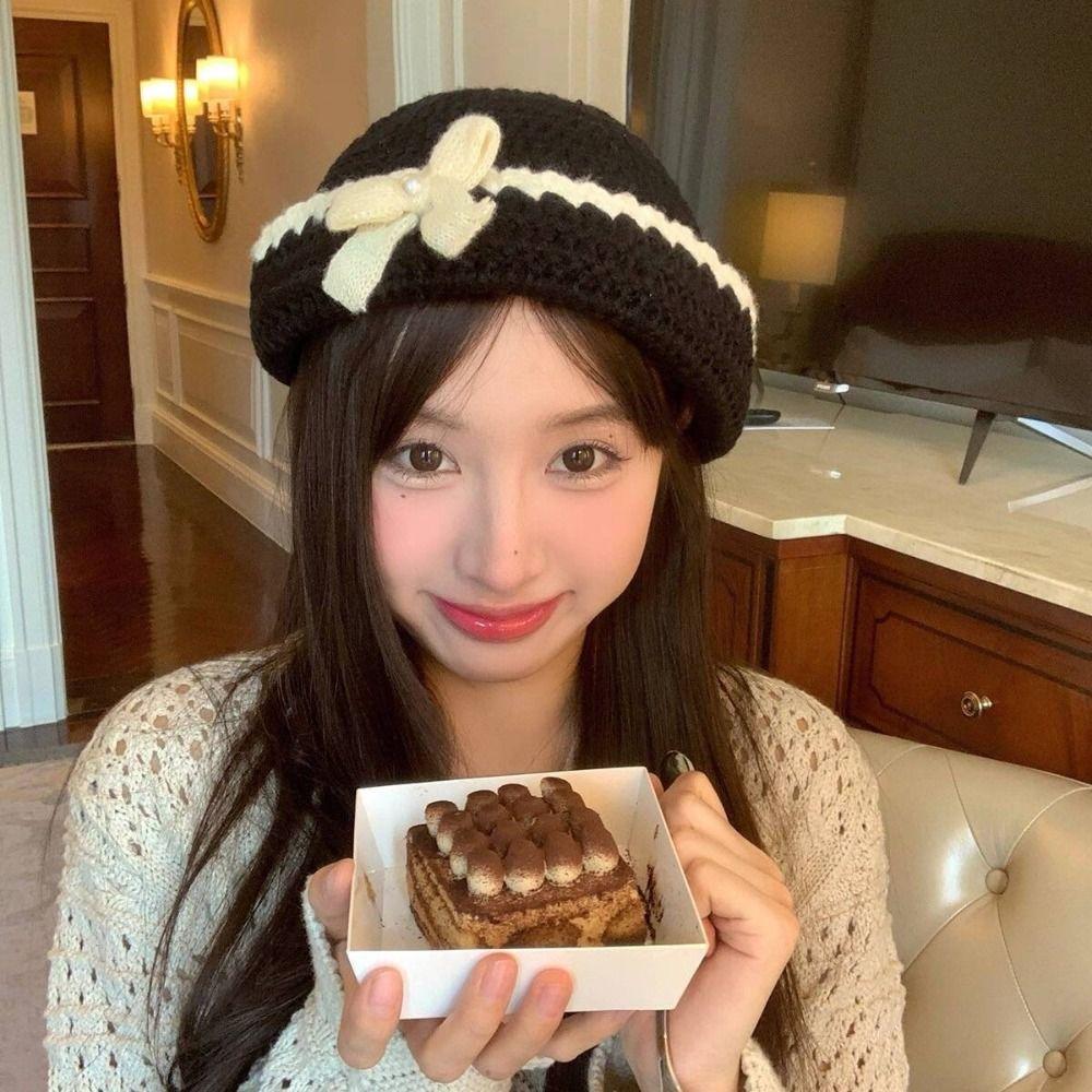 Handmade Flower Weave Cap Korean Style Bowknot Beanies Hat  Autumn/winter