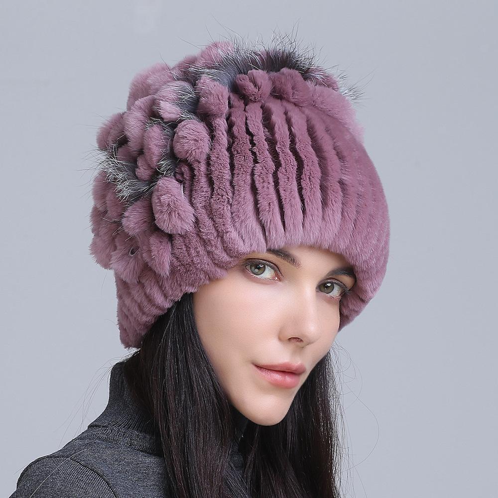 Winter Women's Warm Fashion Thick Wool Hat Rex Rabbit Fur Hat Knitted with Side Flower Hat